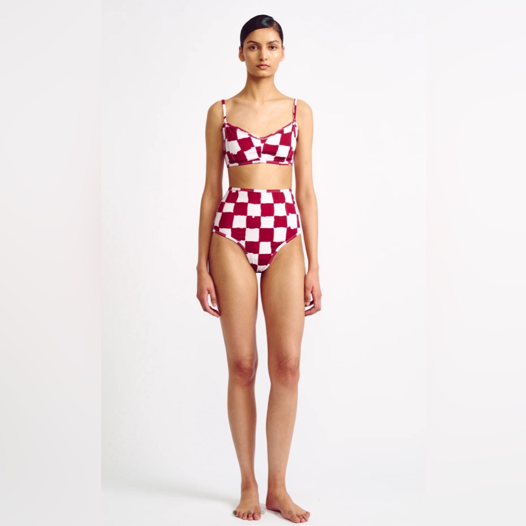 Emilia Wickstead: Alicia Burgundy And White Checkerboard High-Waist Bikini